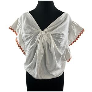 Line And Dot White Orange Top Linen Knotted Front Ruffle Sleeve Size Large L NEW